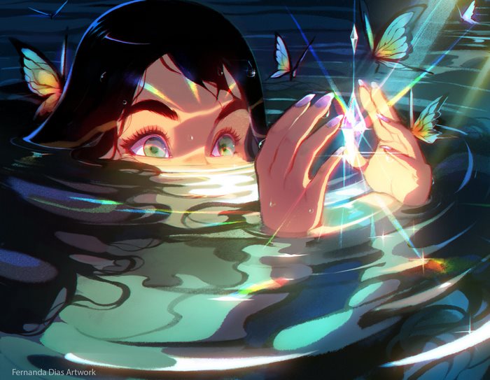 Girl in water with butterflies and crystal