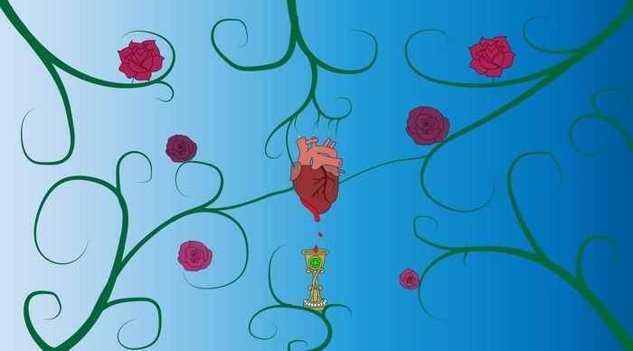 Anatomical Heart dripping into a Chalice with Roses