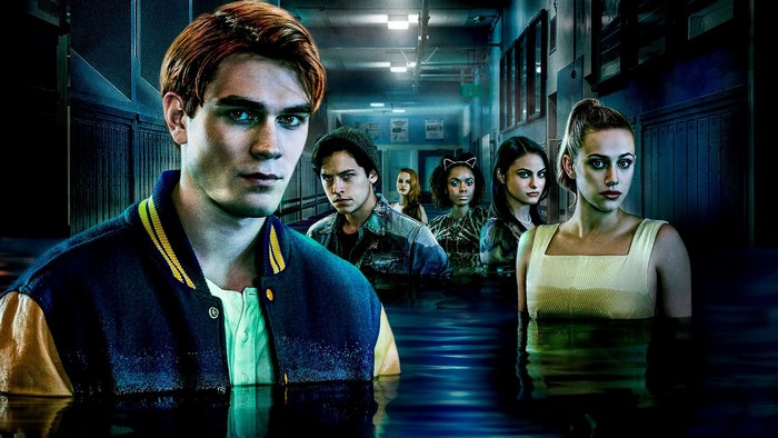 Riverdale characters in flooded school hallway