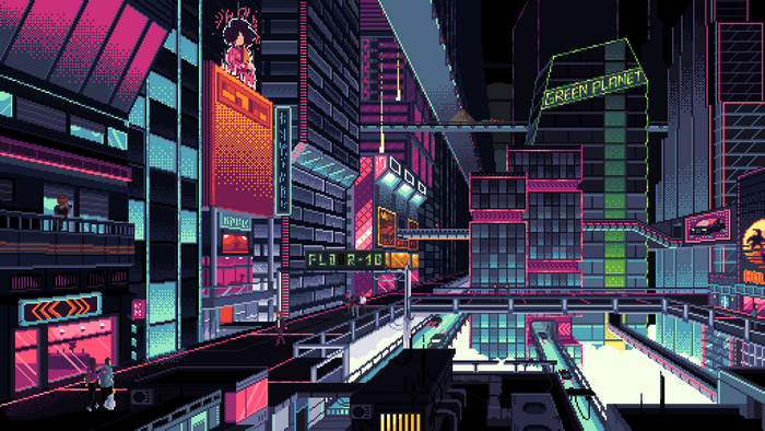 Cyberpunk city with neon lights and skyscrapers
