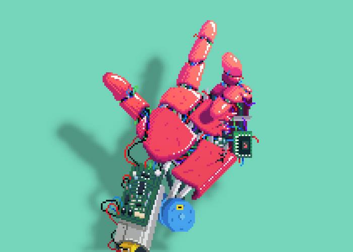 Pixel art robotic hand with circuits