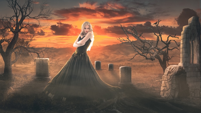 Dark Witch in a Graveyard at Sunset 4K