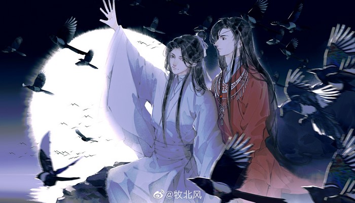 Xie Lian and Hua Cheng from Heaven Official's Blessing with birds