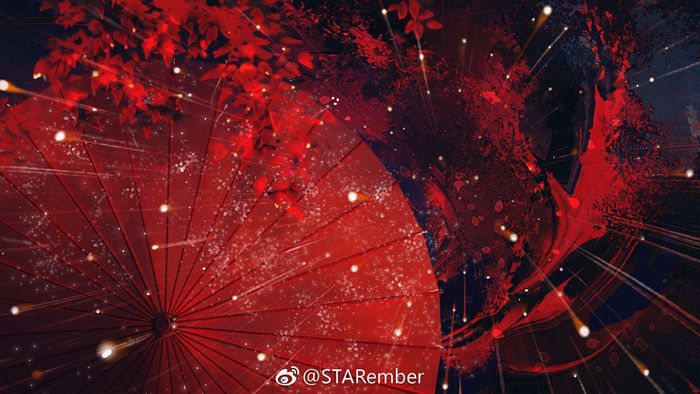 Red umbrella and red leaves with glowing lights