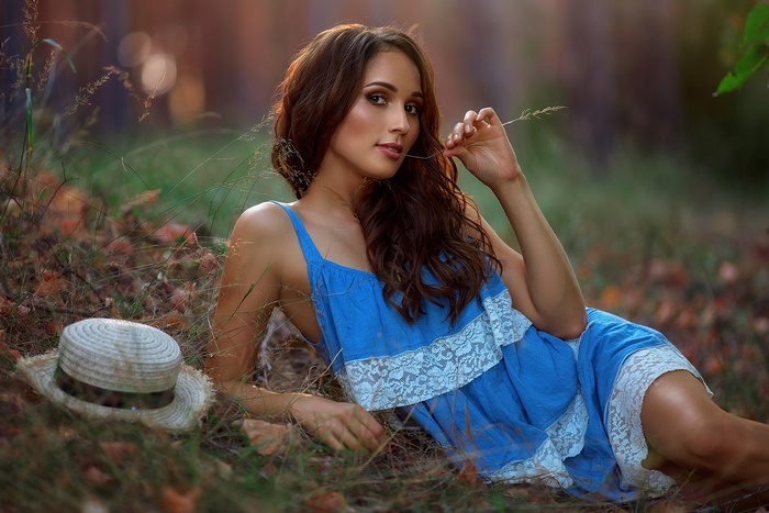 Brunette Woman in Blue Dress Outdoors