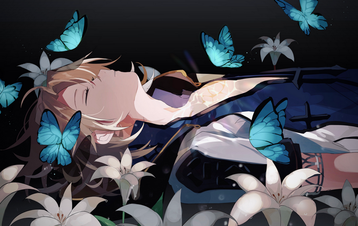 Albedo from Genshin Impact with butterflies and lilies