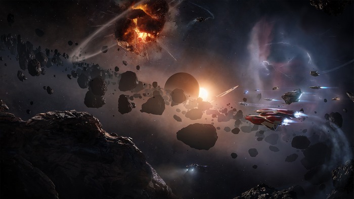 Elite Dangerous: Odyssey space battle with ships and asteroids