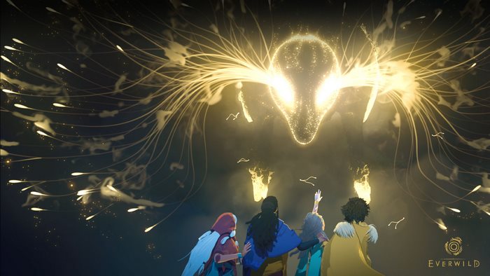 Four people look up at a glowing creature in Everwild