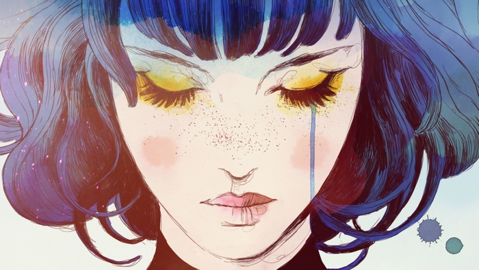 Close-up of a woman's face with blue hair from Gris