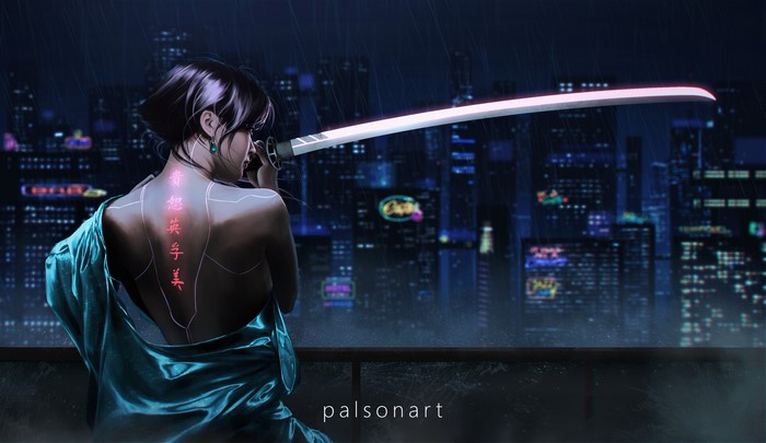Woman with sword in cyberpunk city at night