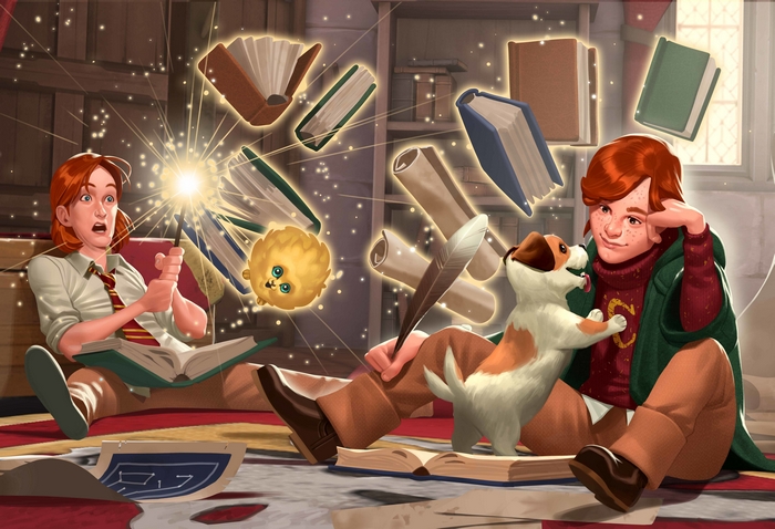 Children practicing magic with books and a dog