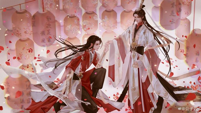 Two men in traditional Chinese attire with lanterns