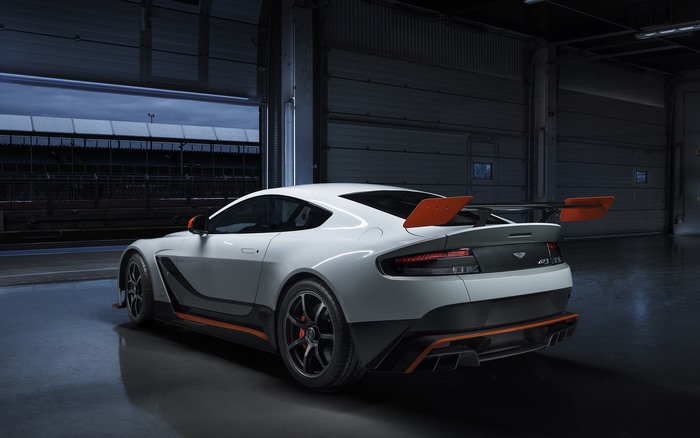 White Aston Martin Vantage GT12 with orange accents