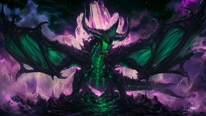 Fantasy Dragon with Green Wings and Horns
