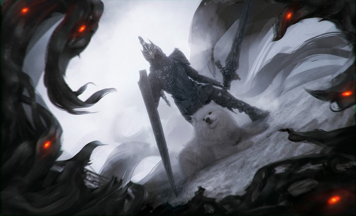 Artorias from Dark Souls with a dog and shadow creatures