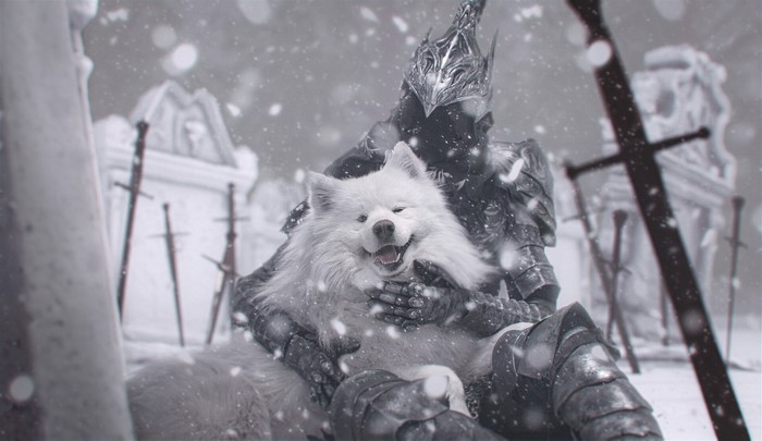 Artorias the Abysswalker with a dog in the snow