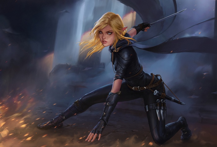 Fantasy Elf Warrior with Blonde Hair and Daggers 4K