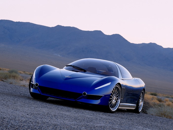 Blue Chevrolet Corvette Moray concept car in desert landscape