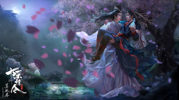Lan Wangji carries Wei Wuxian among falling petals