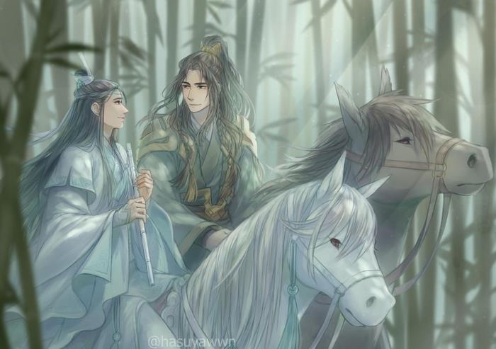 Lan Xichen and Nie Mingjue on horseback in a bamboo forest