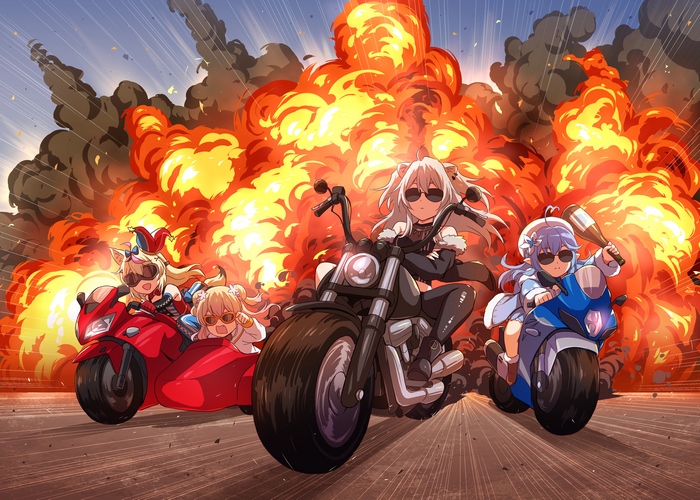 Hololive's Momosuzu Nene, Shishiro Botan, and Yukihana Lamy on motorcycles