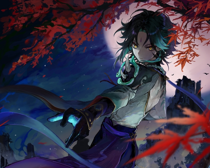 Xiao from Genshin Impact under a full moon
