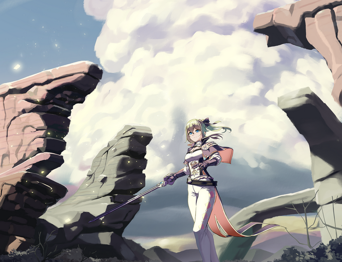 Jean from Genshin Impact in a rocky landscape