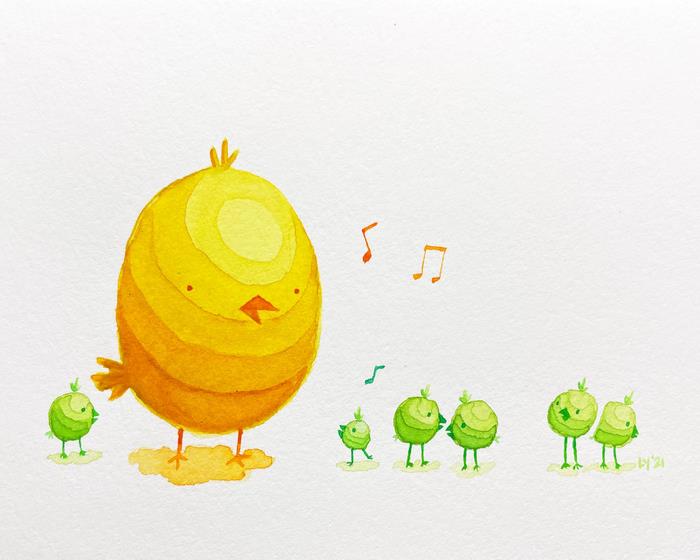 Yellow chick and green chicks singing