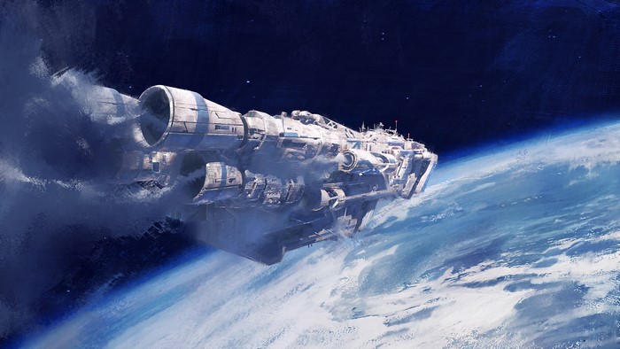 Spaceship flying over Earth