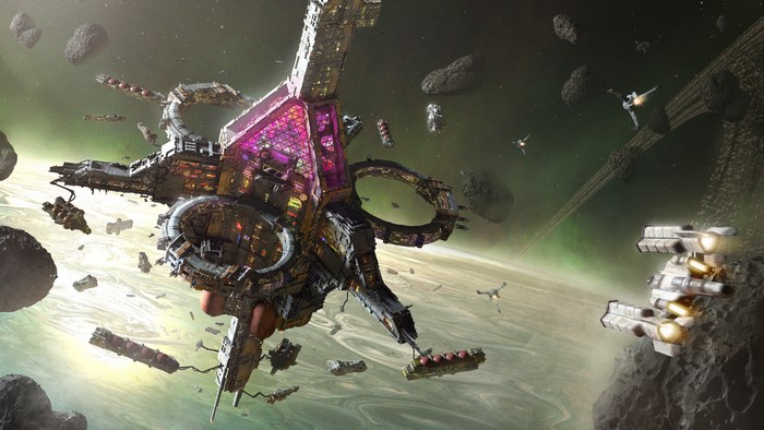 Space Station and Ships Near Planet