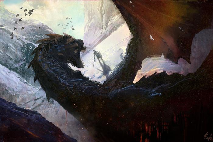 Dragon in a Snowy Mountain Pass with a Knight