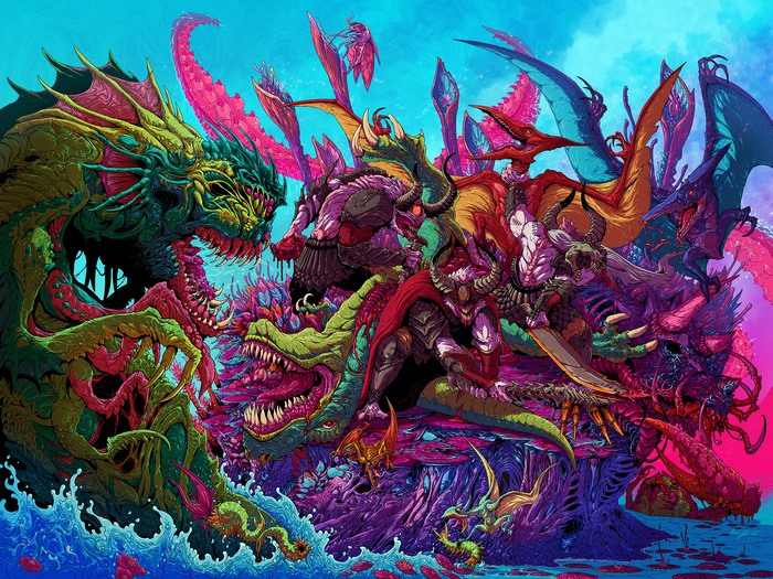 Monsters fighting in a chaotic battle