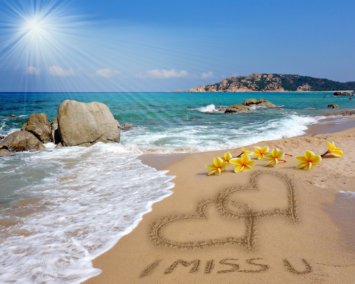 Beach with Hearts Drawn in Sand and Flowers