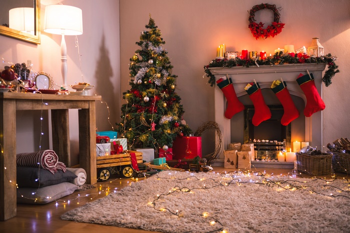 Christmas Tree and Fireplace with Decorations