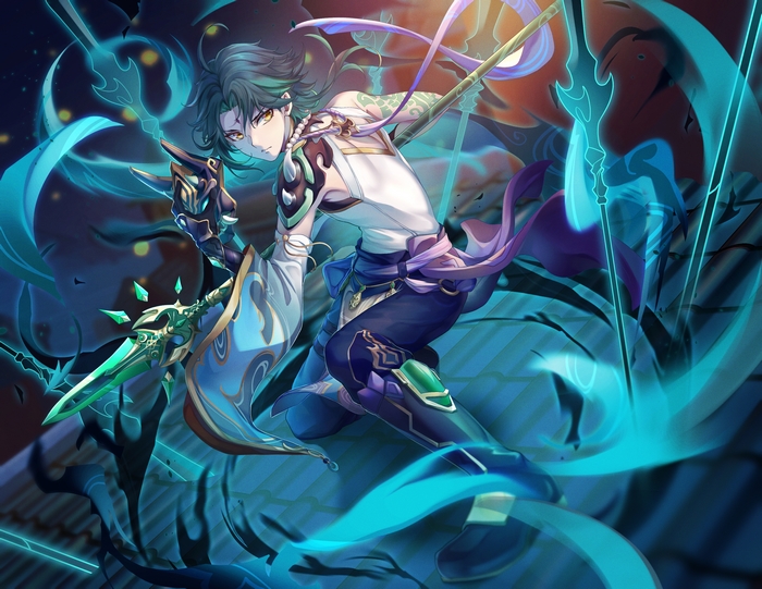 Xiao from Genshin Impact with a spear