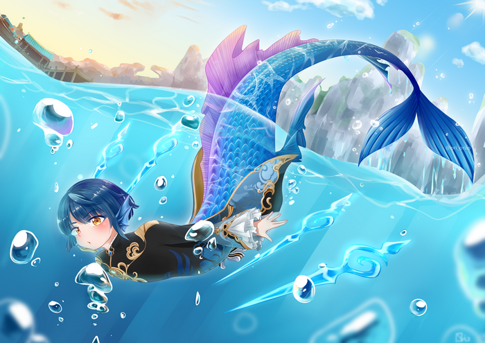 Xingqiu from Genshin Impact as a Merman