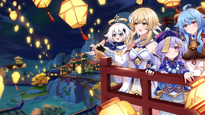 Lumine, Paimon, Qiqi, and Ganyu from Genshin Impact