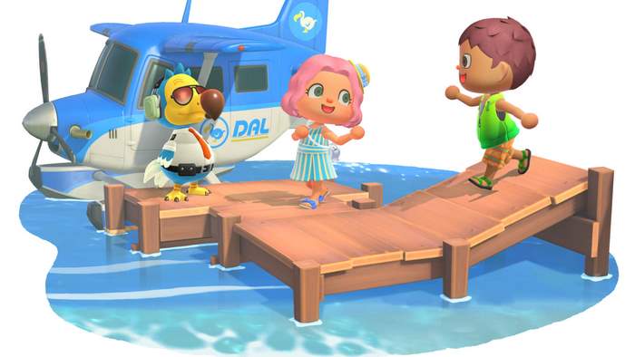 Animal Crossing: New Horizons characters on a dock with a seaplane