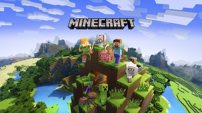 Minecraft characters and creatures in a landscape