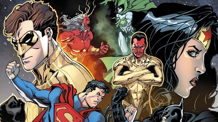 DC Comics characters including Superman, Wonder Woman, Batman, Spectre, and Trigon