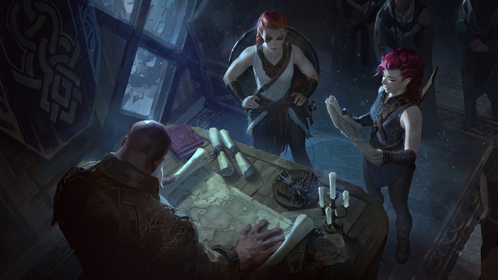 Women and Man studying a map with candles
