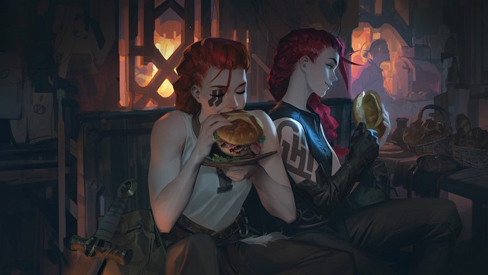 Jinx and Vi from Arcane eating food