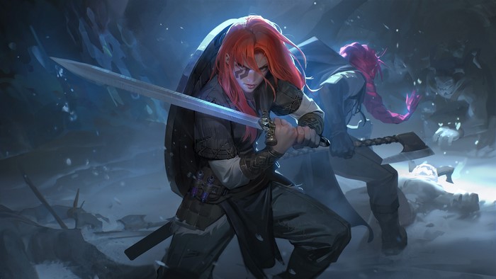 Jaelan and Jaeya, Woman Warrior with Sword and Axe in Snow
