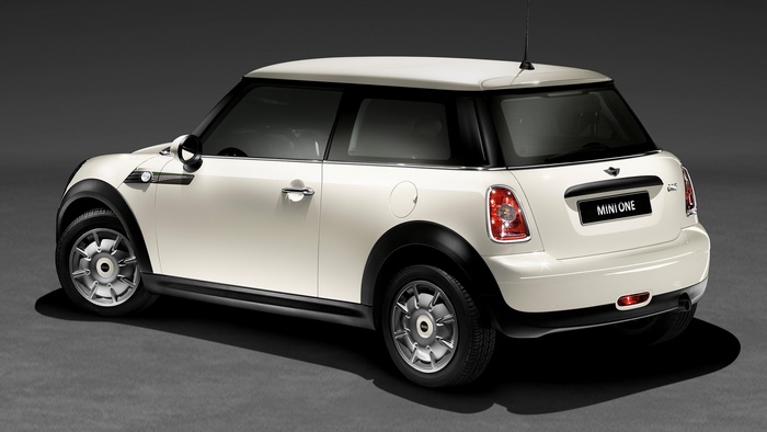 White Mini One car from the rear