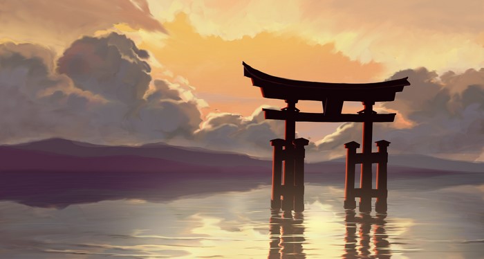 Torii gate in water at sunset