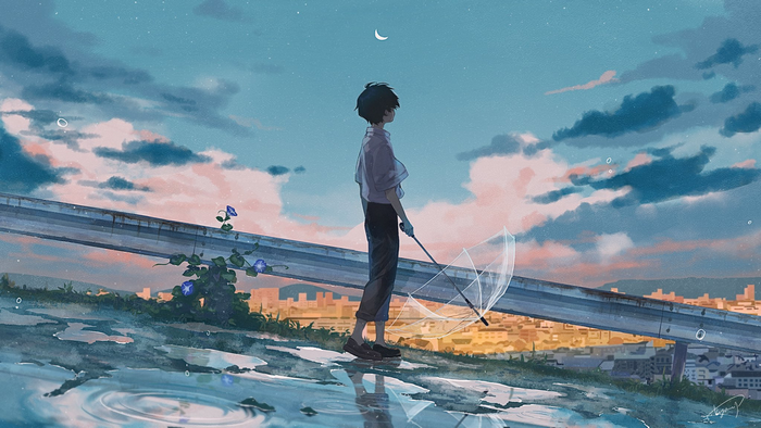 Boy with umbrella in the rain with city background