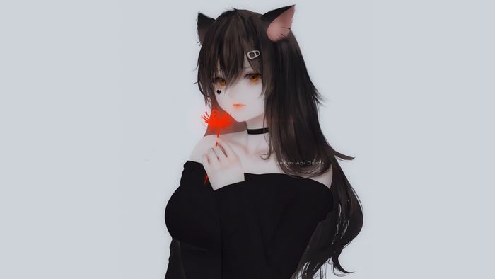 Anime Cat Girl with Red Flower