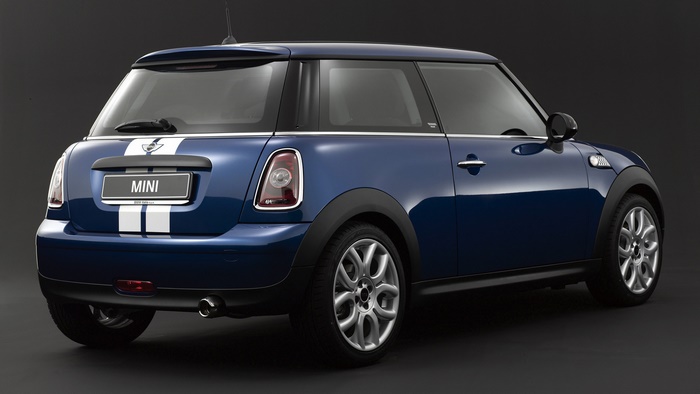 Blue 2008 Mini Cooper with White Stripes