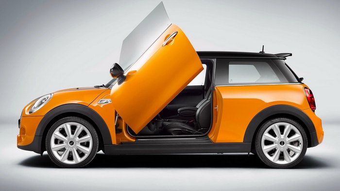 Orange Mini Cooper S with Scissor Doors