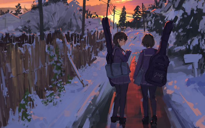 Two girls with guitar cases in the snow at sunset